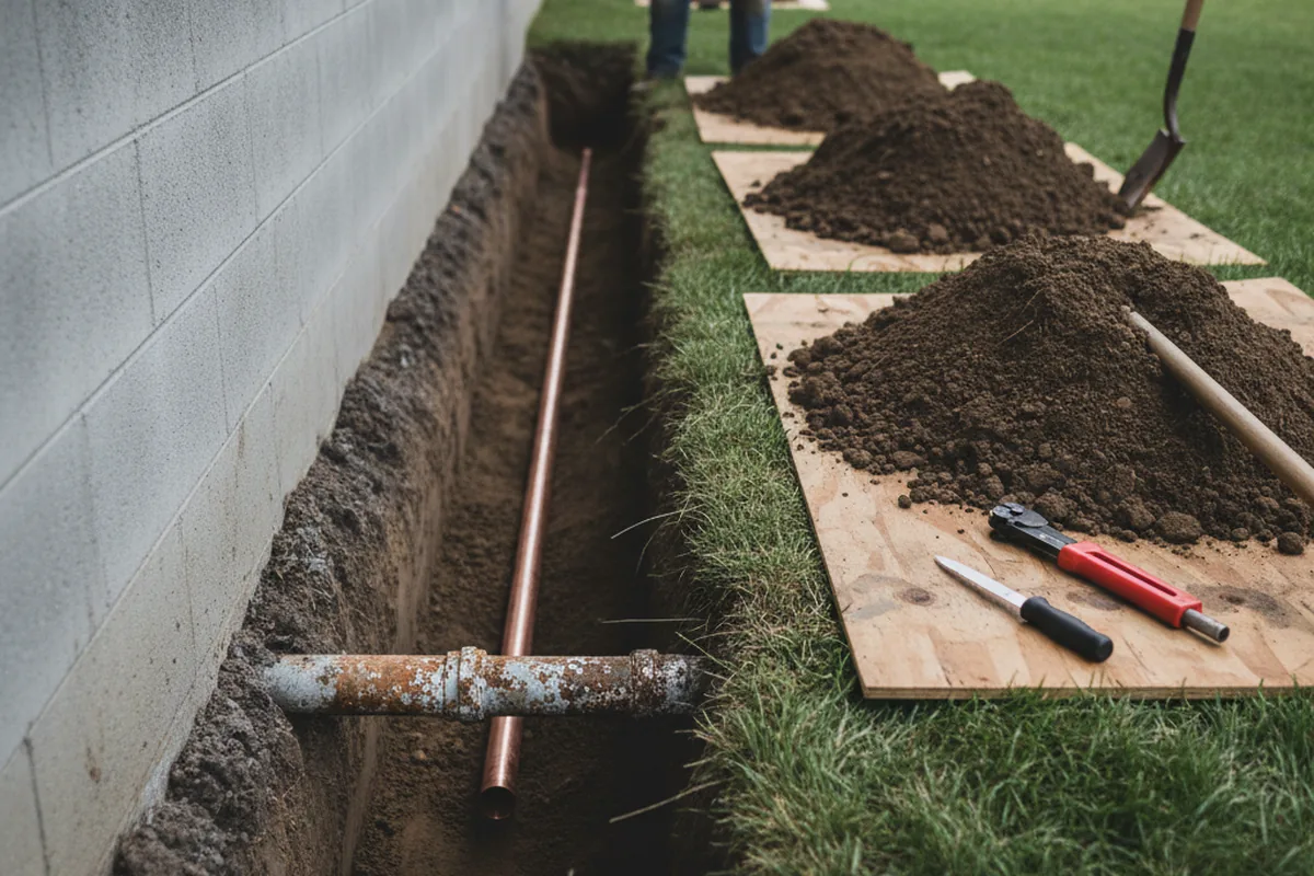 Excavated water line trench during Water Softener Installation in Rayle
